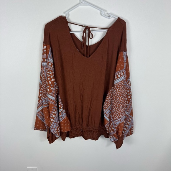 Chicsoul Boho Flowy Blouse Top Womens 1X Rust Orange Fall Bohemian Bishop Sleeve - Picture 3 of 6